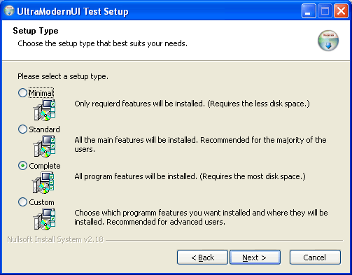 Setup type page with the Modern UIEx interface